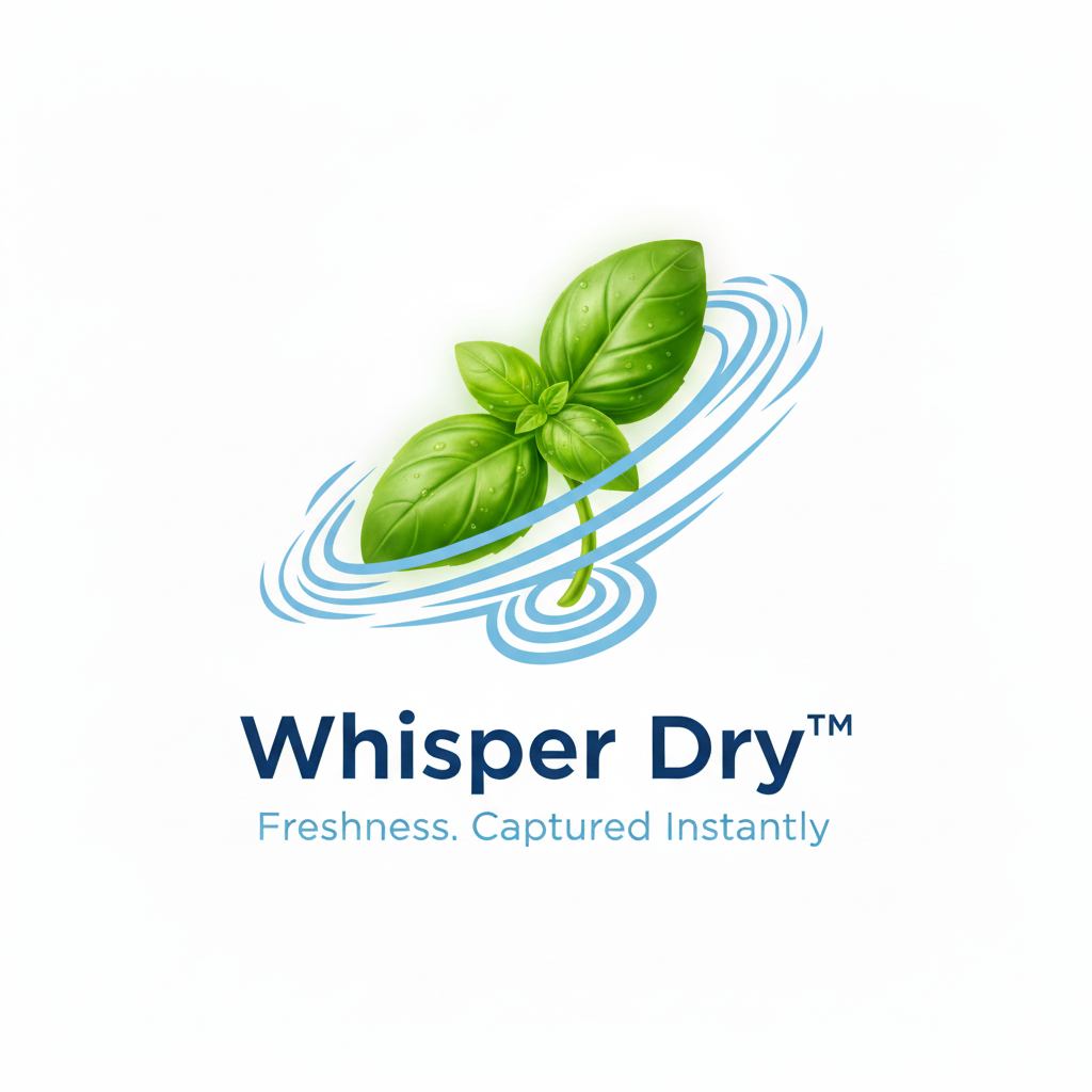 Logo of Whisper Dry with a basil leaf and swirling lines on a white background