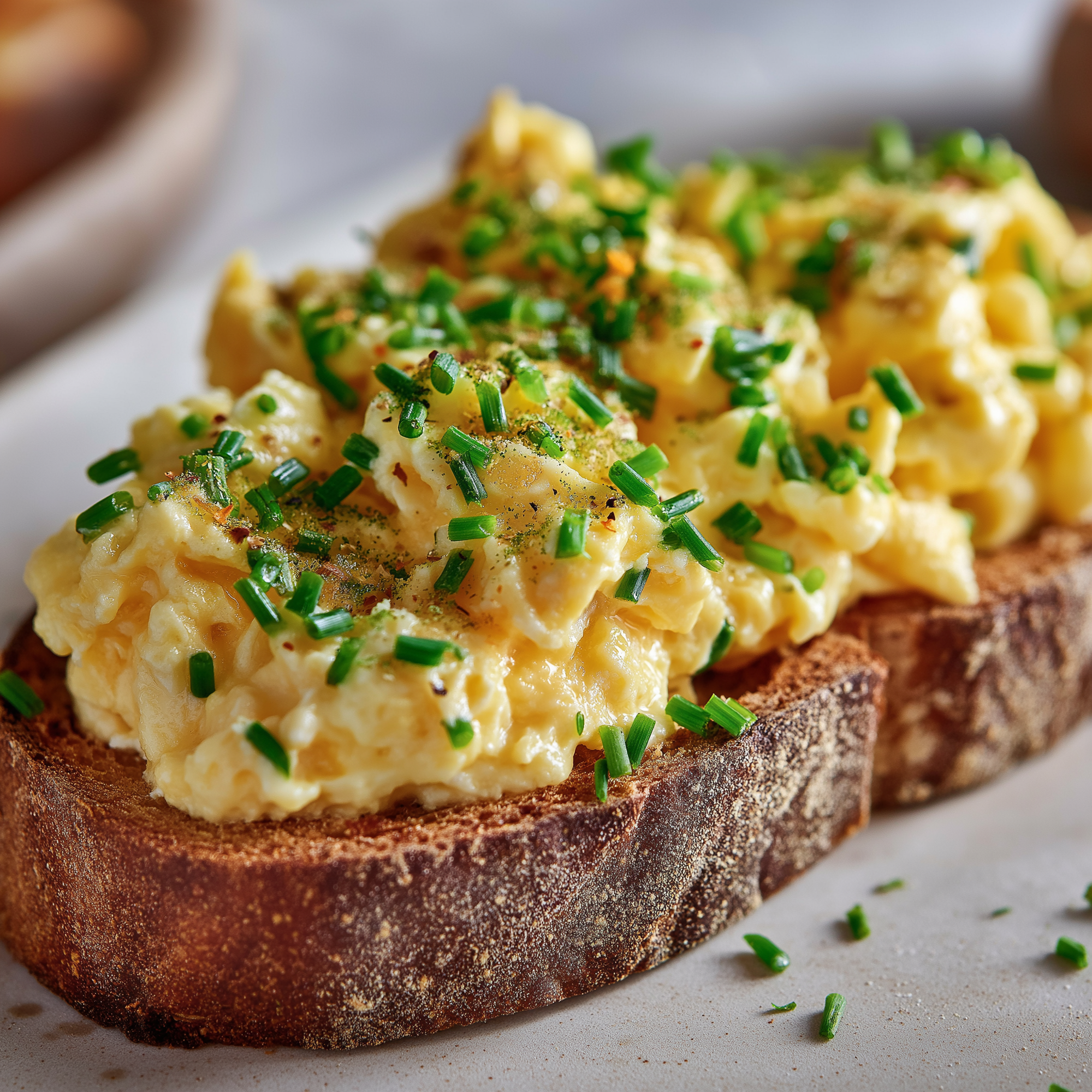 Scrambled egg salad on toasted bread with chives