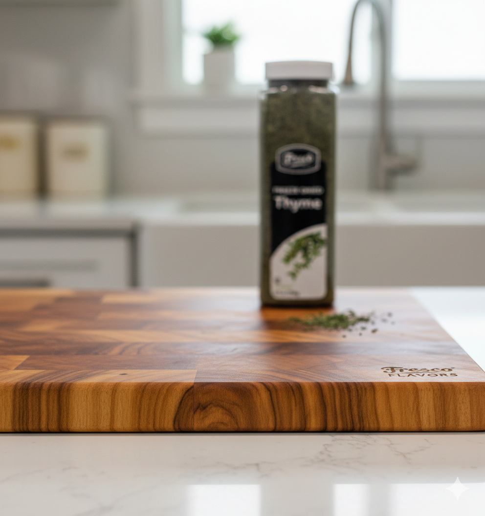 Thyme seasoning bottle on a wooden cutting board in a kitchen
