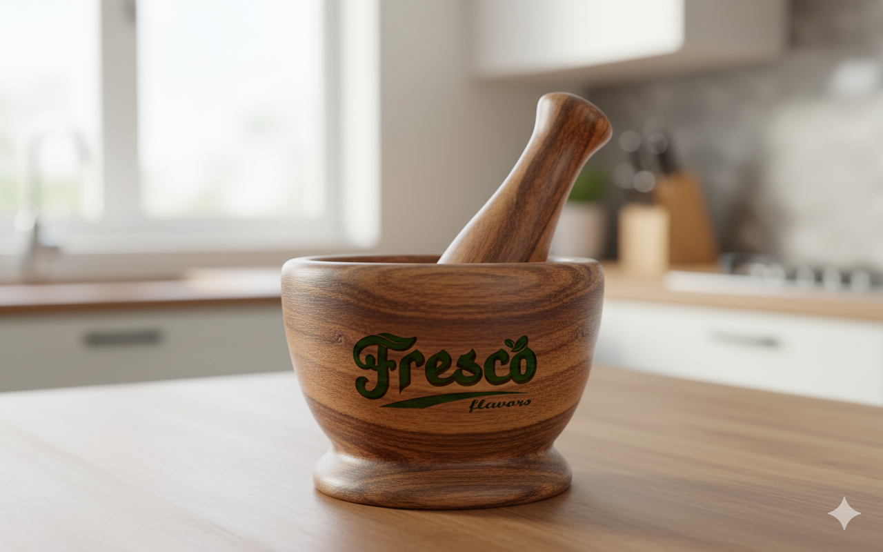 Wooden mortar and pestle with 'Fresco' branding on a kitchen counter.
