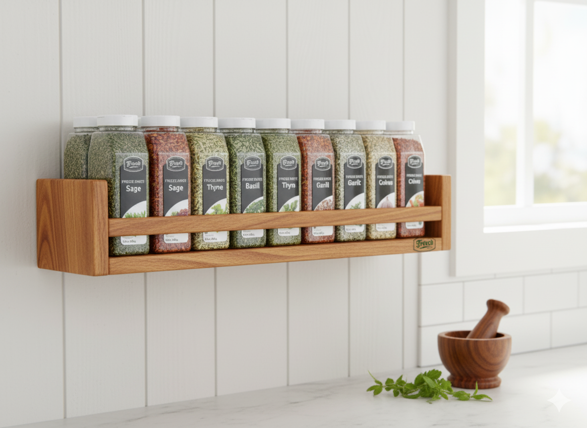 Wooden spice rack with labeled jars on a white tiled wall